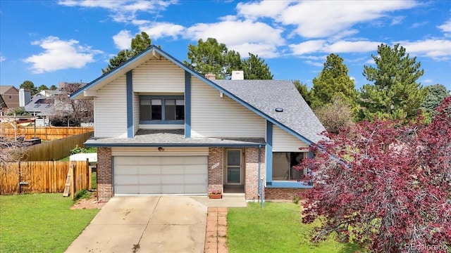 view of front of property with brick siding, fence, a shingled roof, and a garage