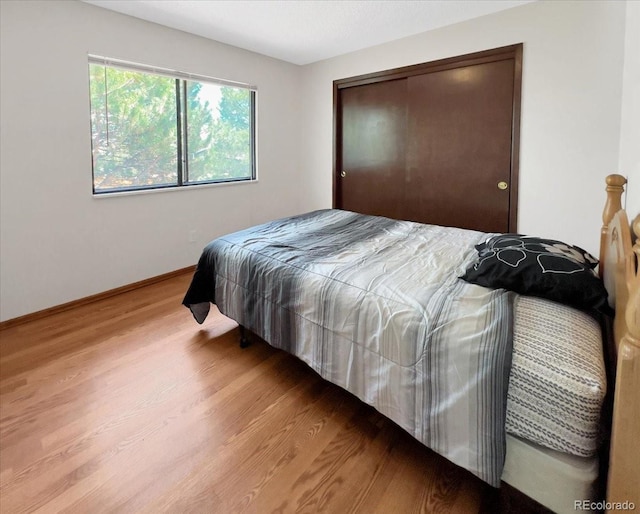 bedroom with baseboards, a closet, and wood finished floors
