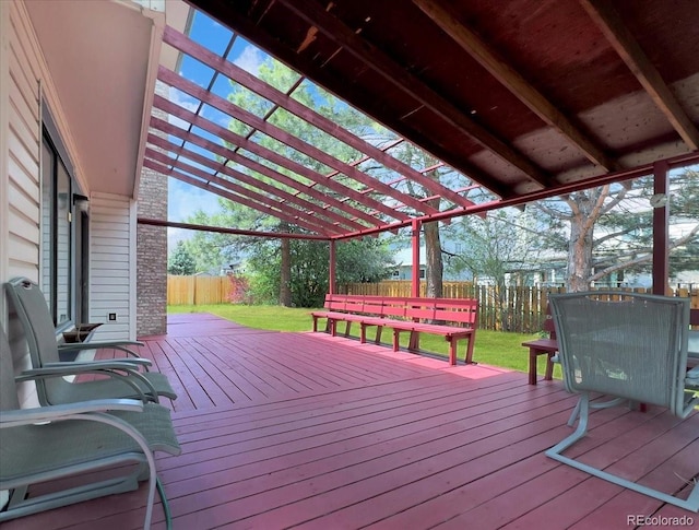 deck with a yard and a fenced backyard