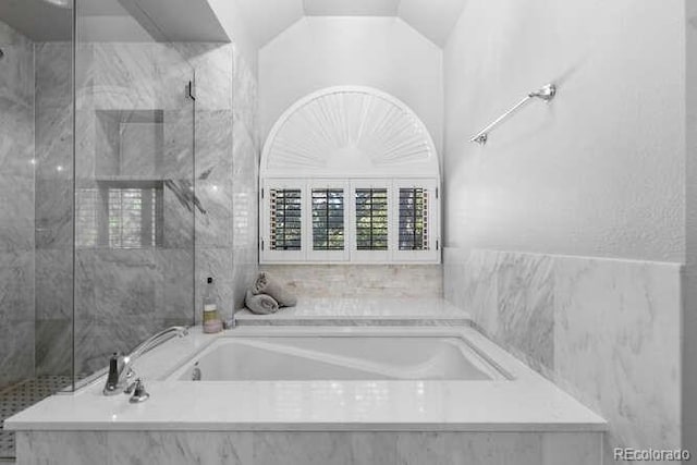5955 Blue Sage Way, Littleton, CO 80123 - bathroom featuring a garden tub and a marble finish shower