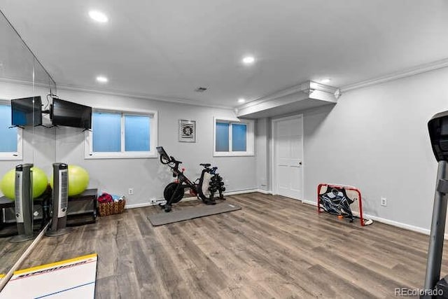 5955 Blue Sage Way, Littleton, CO 80123 - workout room with crown molding, recessed lighting, and wood finished floors