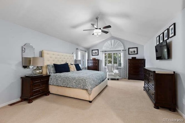5955 Blue Sage Way, Littleton, CO 80123 - bedroom with light carpet, lofted ceiling, and ceiling fan