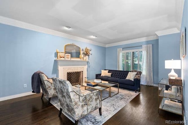 5955 Blue Sage Way, Littleton, CO 80123 - living room with crown molding, wood finished floors, and a fireplace