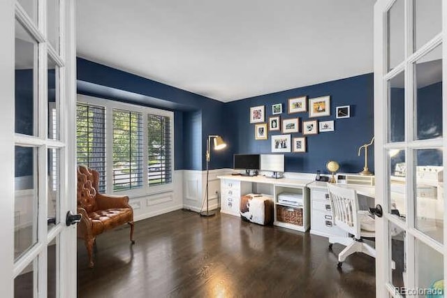 5955 Blue Sage Way, Littleton, CO 80123 - home office featuring french doors, wood finished floors, and wainscoting