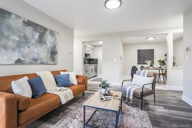 living room featuring sink and dark hardwood / wood-style floors