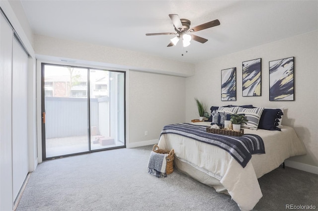 bedroom featuring access to outside, carpet flooring, a closet, and ceiling fan