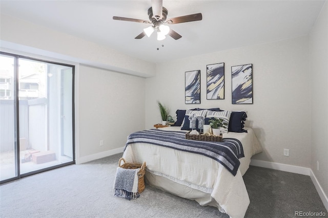 carpeted bedroom with ceiling fan and access to exterior