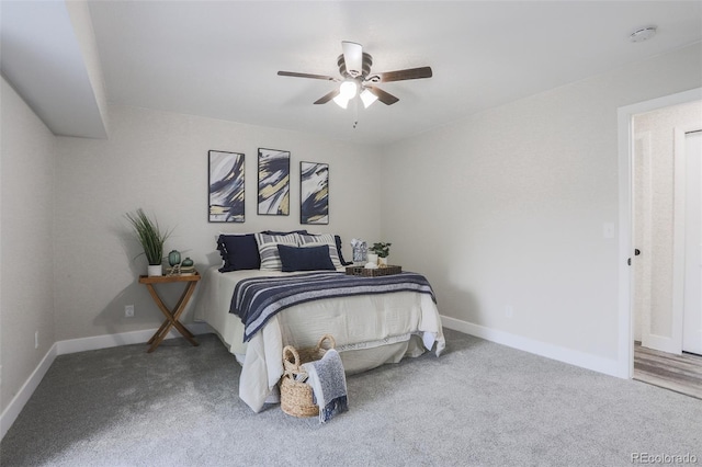 bedroom with ceiling fan and carpet flooring