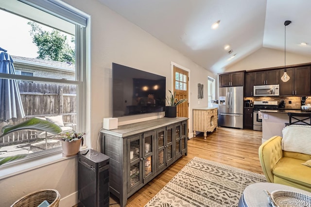 2841 N Columbine St, Denver, CO 80205 - living room featuring light wood-type flooring and lofted ceiling