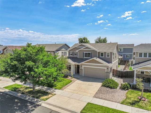 5564 Kalispell St, Denver, CO 80239 - craftsman-style house featuring driveway, a shingled roof, a residential view, an attached garage, and brick siding