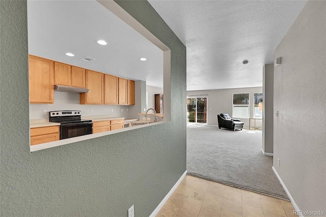 5564 Kalispell St, Denver, CO 80239 - kitchen with range with electric cooktop, under cabinet range hood, a textured wall, light colored carpet, and recessed lighting