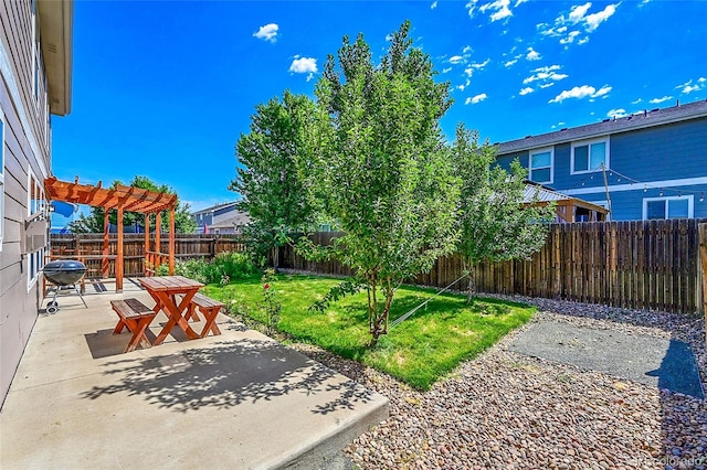 5564 Kalispell St, Denver, CO 80239 - fenced backyard featuring a patio area and a pergola