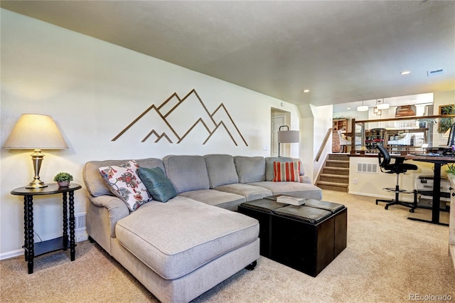 13915 W 73rd Ave, Arvada, CO 80005 - carpeted living room with recessed lighting and stairway