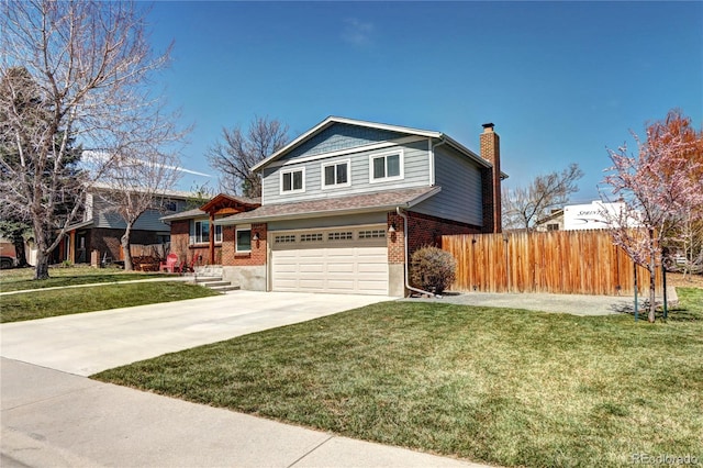 13915 W 73rd Ave, Arvada, CO 80005 - tri-level home featuring concrete driveway, brick siding, a garage, a chimney, and a shingled roof