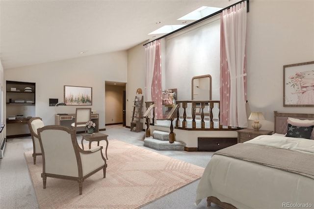 bedroom featuring baseboards, light colored carpet, a skylight, and high vaulted ceiling