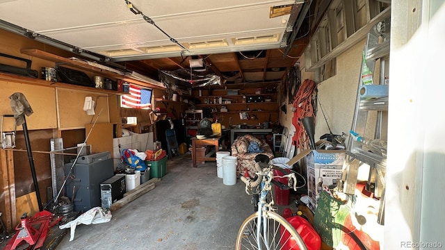 garage with a workshop area