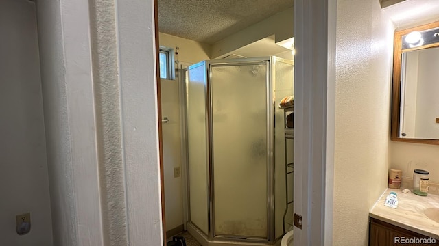 bathroom featuring vanity, a textured ceiling, and an enclosed shower