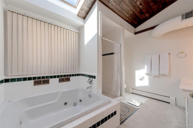 7930 S Kendall Ct, Littleton, CO 80128 - full bath featuring a baseboard radiator, a jetted tub, wooden ceiling, a tile shower, and vaulted ceiling