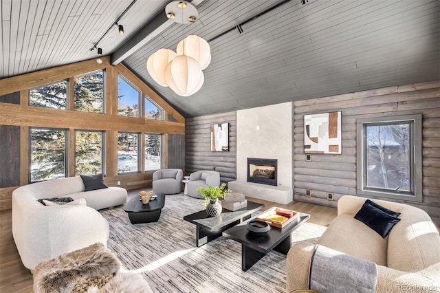 living room with rustic walls, hardwood / wood-style floors, high vaulted ceiling, rail lighting, and a fireplace