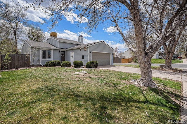 view of front of property with fence, a garage, a front yard, a chimney, and concrete driveway