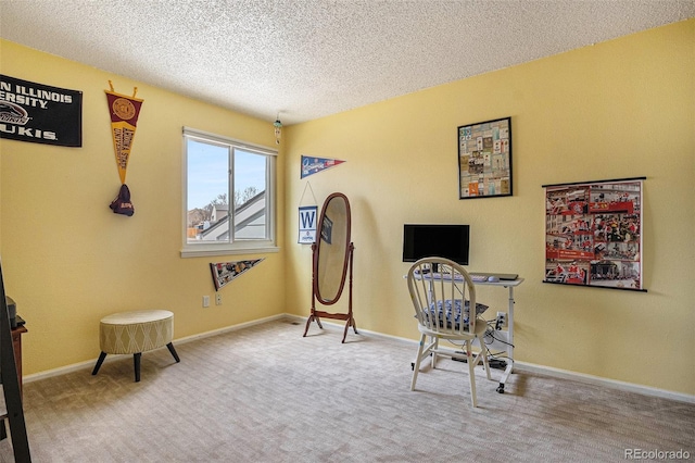 living area with baseboards, carpet flooring, and a textured ceiling