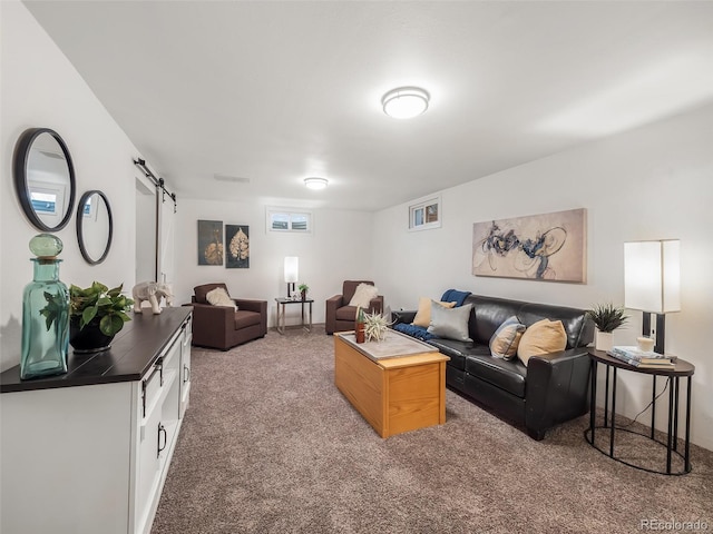 living room featuring carpet flooring and a barn door