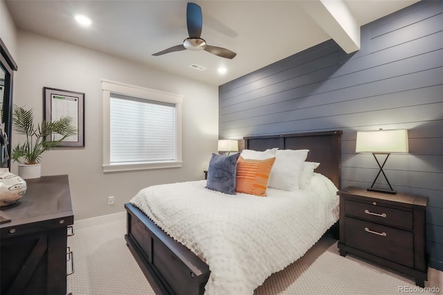 bedroom featuring baseboards, visible vents, light colored carpet, ceiling fan, and recessed lighting