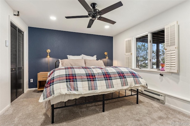 6640 Kilimanjaro Dr, Evergreen, CO 80439 - carpeted bedroom with baseboards, a ceiling fan, recessed lighting, and a baseboard heating unit
