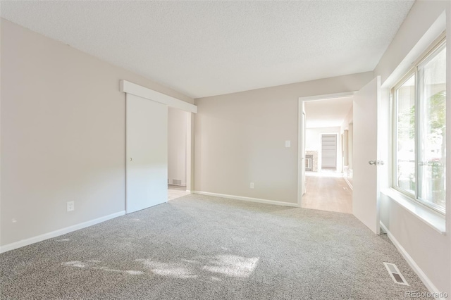 empty room with a textured ceiling, light carpet, and plenty of natural light