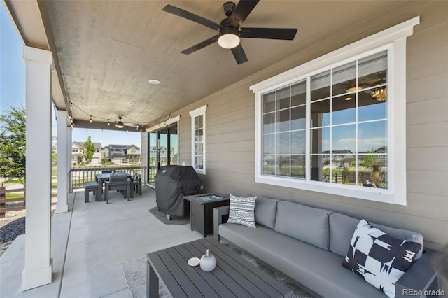 171 S Waterloo St, Aurora, CO 80018 - view of patio featuring an outdoor living space, ceiling fan, and area for grilling