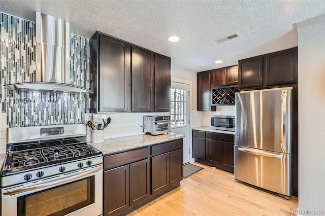 2901 N Glencoe St, Denver, CO 80207 - kitchen with stainless steel appliances, tasteful backsplash, light wood-style flooring, a textured ceiling, and dark brown cabinets