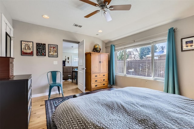 2901 N Glencoe St, Denver, CO 80207 - bedroom featuring light wood finished floors, recessed lighting, baseboards, and ceiling fan