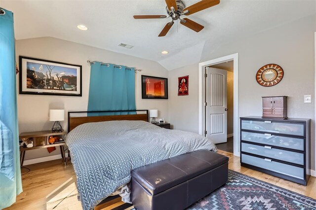 2901 N Glencoe St, Denver, CO 80207 - bedroom featuring lofted ceiling, wood finished floors, ceiling fan, baseboards, and recessed lighting