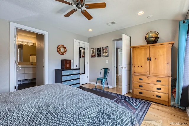 2901 N Glencoe St, Denver, CO 80207 - bedroom with light wood finished floors, lofted ceiling, recessed lighting, a ceiling fan, and connected bathroom