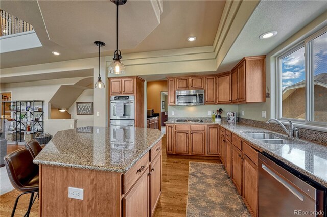 9952 Pinedale Dr, Colorado Springs, CO 80920 - kitchen featuring stainless steel appliances, a sink, wood finished floors, a raised ceiling, and light stone countertops