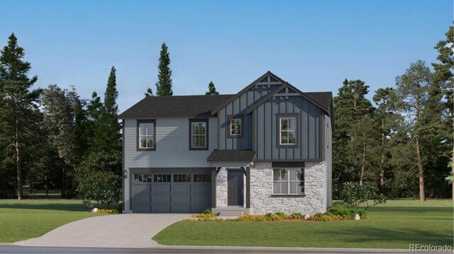view of front of home featuring concrete driveway, stone siding, board and batten siding, a front yard, and a garage