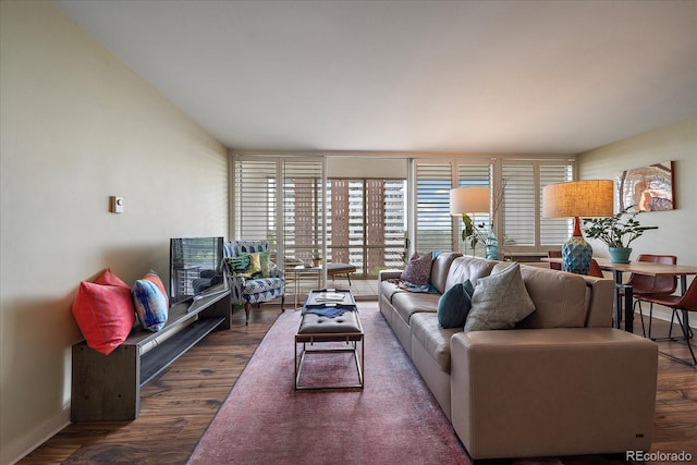 living room featuring dark wood-type flooring