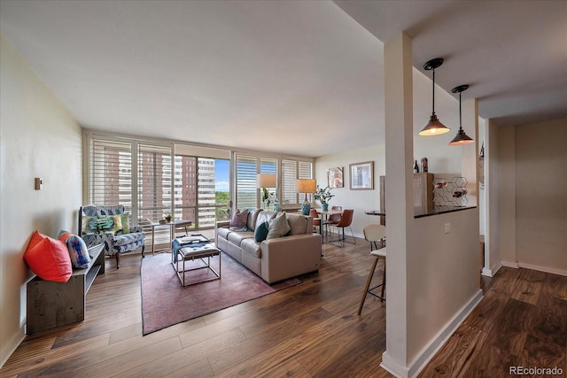 living room featuring expansive windows and dark wood-type flooring