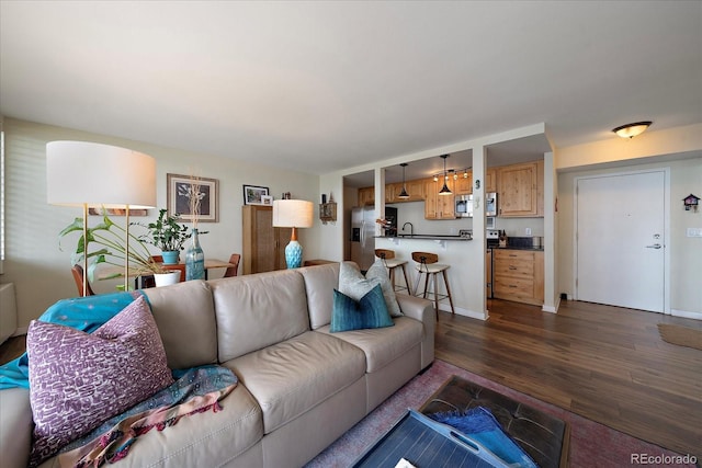 living room featuring dark hardwood / wood-style flooring and sink