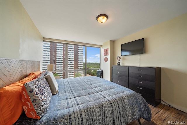 bedroom featuring floor to ceiling windows and dark hardwood / wood-style flooring