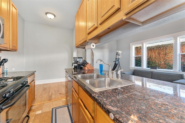 kitchen featuring a sink, baseboards, stainless steel dishwasher, and black gas range