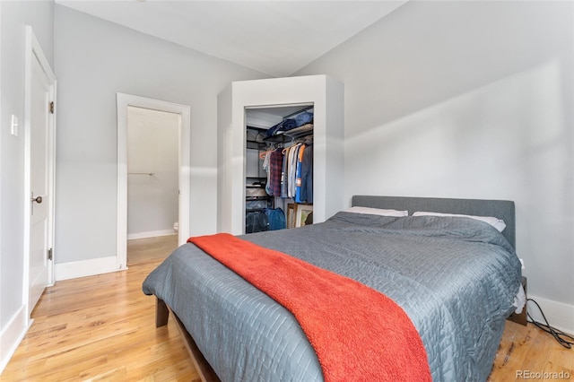 bedroom featuring a walk in closet, wood finished floors, baseboards, and a closet