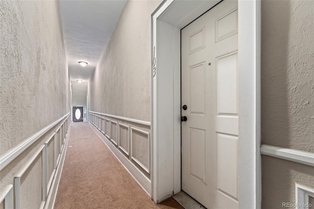 corridor with a decorative wall, carpet floors, wainscoting, and a textured wall