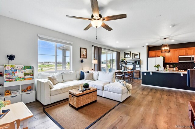 3699 Makley Cir, Castle Rock, CO 80104 - living room with a ceiling fan, light wood finished floors, and recessed lighting