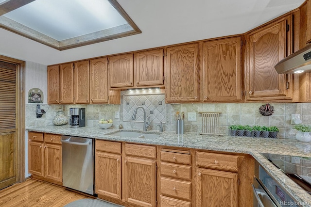 30 Eagle Dr, Littleton, CO 80123 - kitchen featuring a sink, dishwasher, light wood-style floors, backsplash, and black electric stovetop