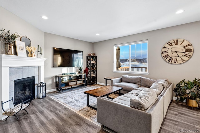 living room featuring a tile fireplace and hardwood / wood-style floors