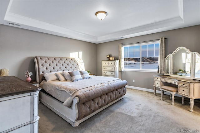 bedroom featuring carpet and a tray ceiling