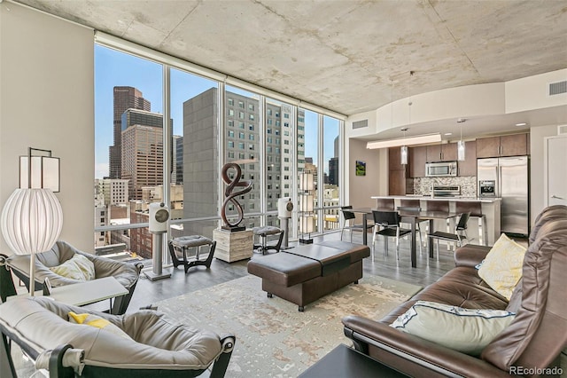891 14th St Unit 1408, Denver, CO 80202 - living room featuring a skyline view, expansive windows, and wood finished floors