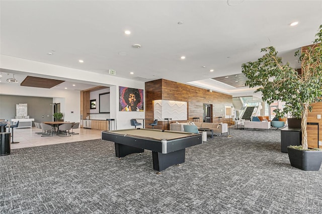 891 14th St Unit 1408, Denver, CO 80202 - rec room with billiards, recessed lighting, carpet, and wood walls