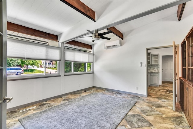 spare room featuring vaulted ceiling with beams, an AC wall unit, ceiling fan, and light tile patterned floors